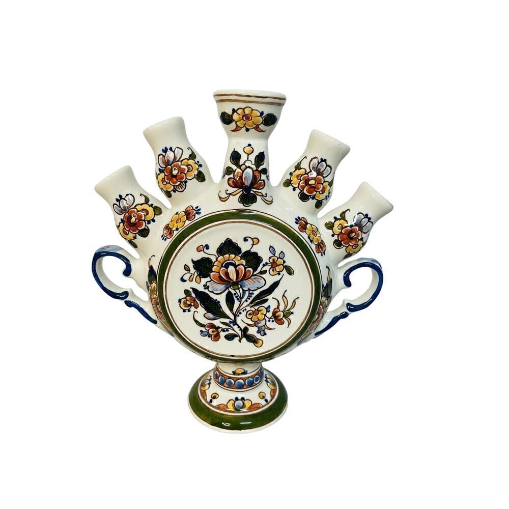 Delft 5 finger tulip vase floral pattern Heinen Fish mark beautiful vintage 8"